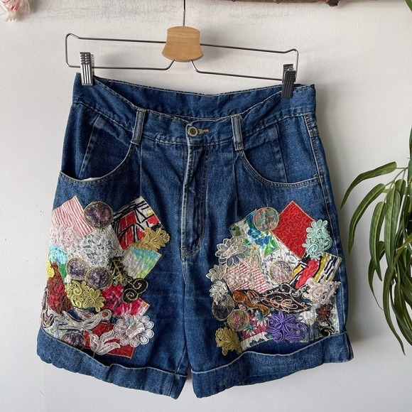 Vintage Blush On Shorts Womens Medium Denim Patchwork Funky Summer Boho Hippie - Picture 1 of 6